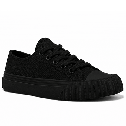Rotating gif showing different angles of a kids' black low-top sneaker.
