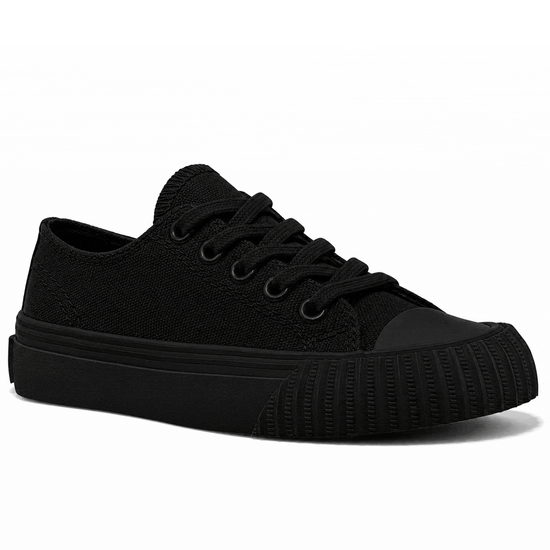 Rotating gif showing different angles of a kids' black low-top sneaker. alternate view