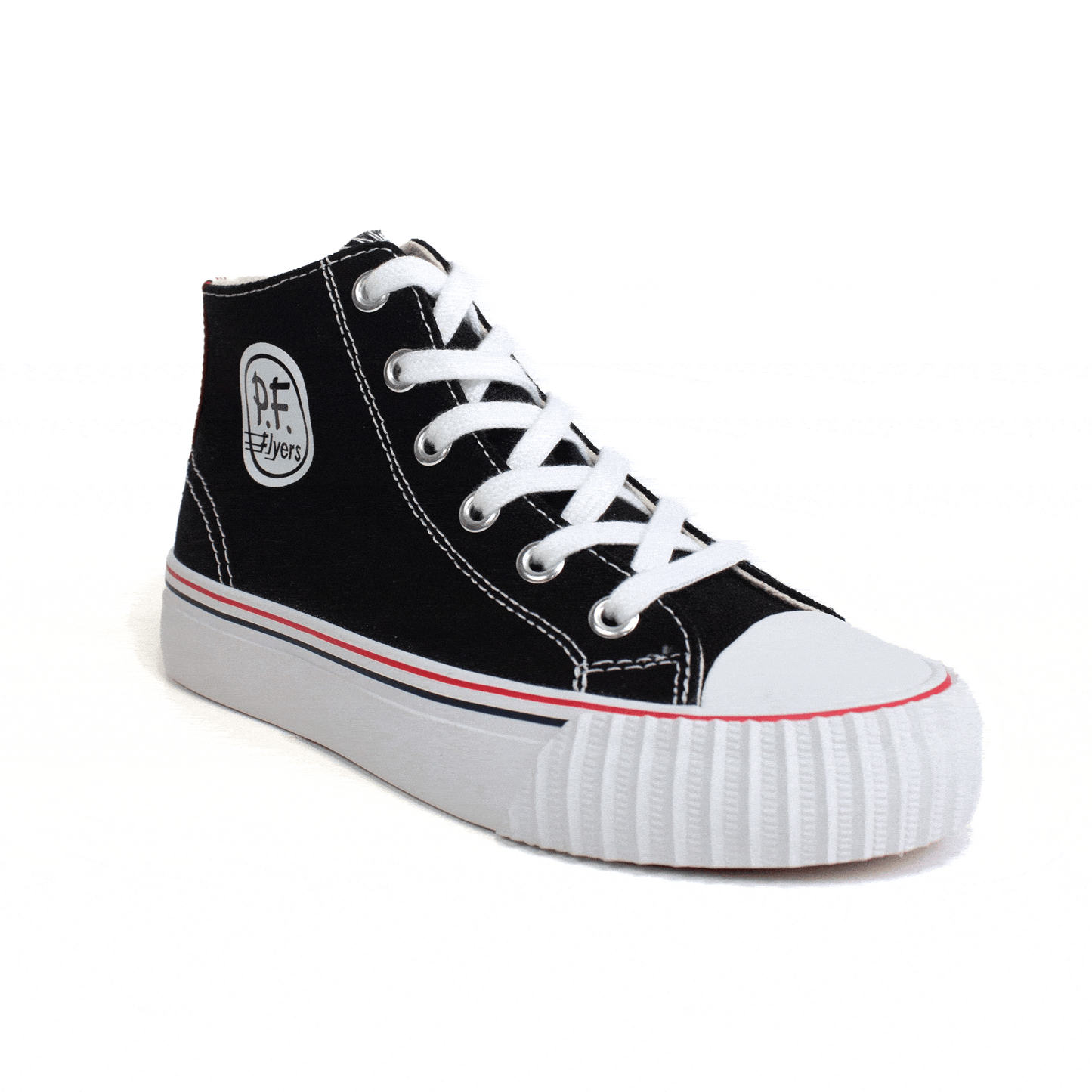 Rotating gif showing different angles of a kids' black high-top sneaker with white midsoles and red accents.