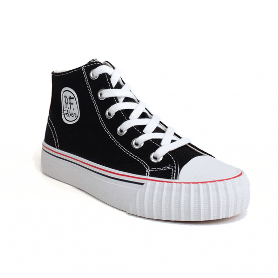 Rotating gif showing different angles of a kids' black high-top sneaker with white midsoles and red accents. alternate view