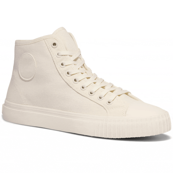 Rotating gif showing different angles of a white high-top sneaker. alternate view