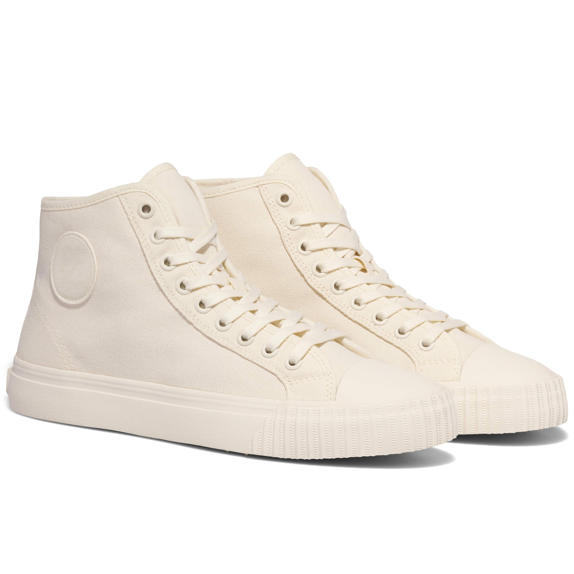 White high-top canvas sneakers on a white background.