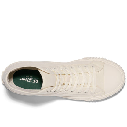 White high-top sneaker showing the P.F. Flyers logo on the insole against a white background.