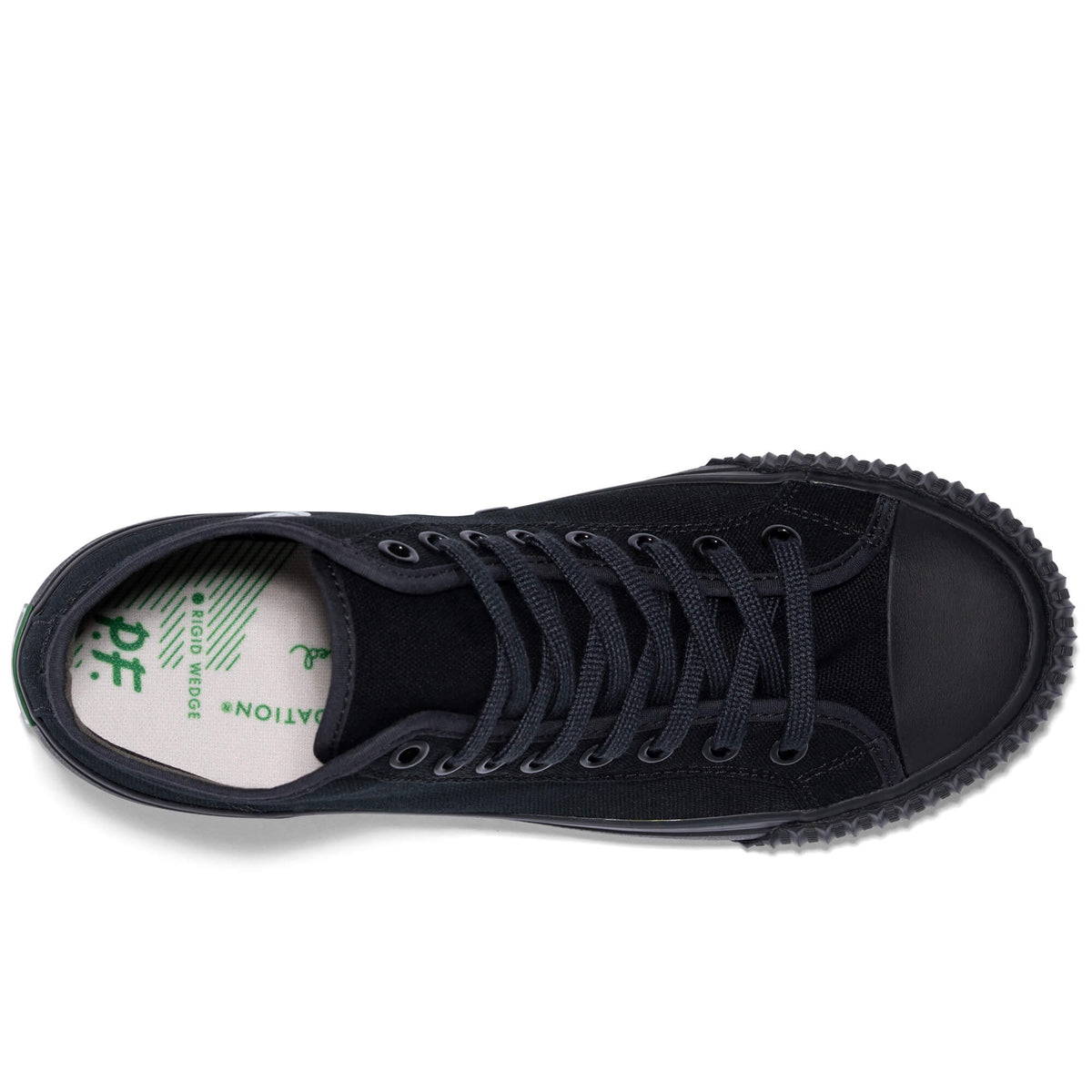 Top-down view of a black high-top sneaker on a white background.