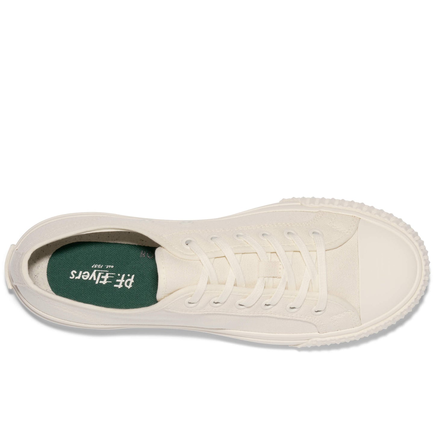 White low-top sneaker showing the P.F. Flyers logo on the insole against a white background.