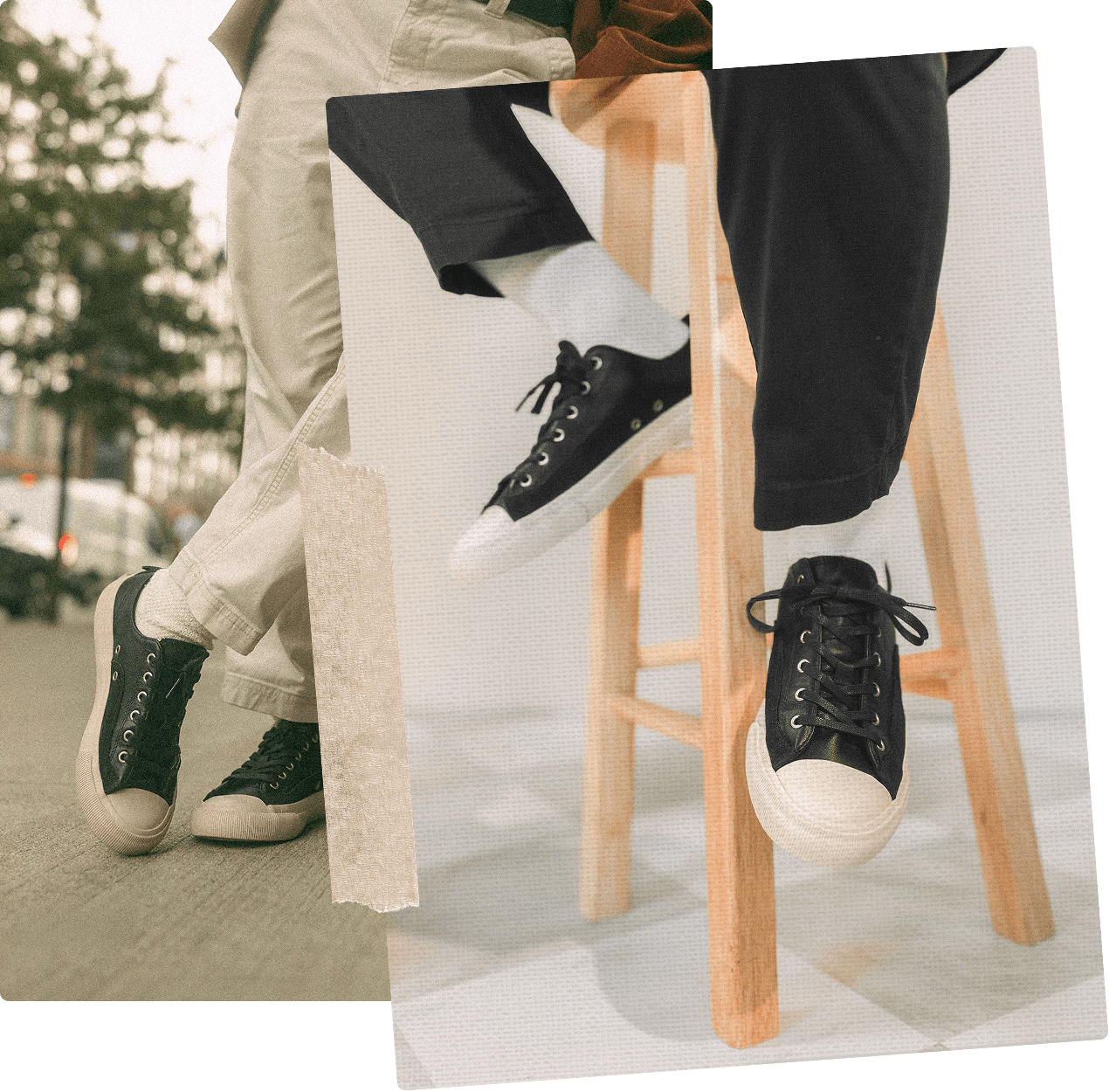 Person wearing black low-top sneakers with white soles sitting on a wooden stool.
