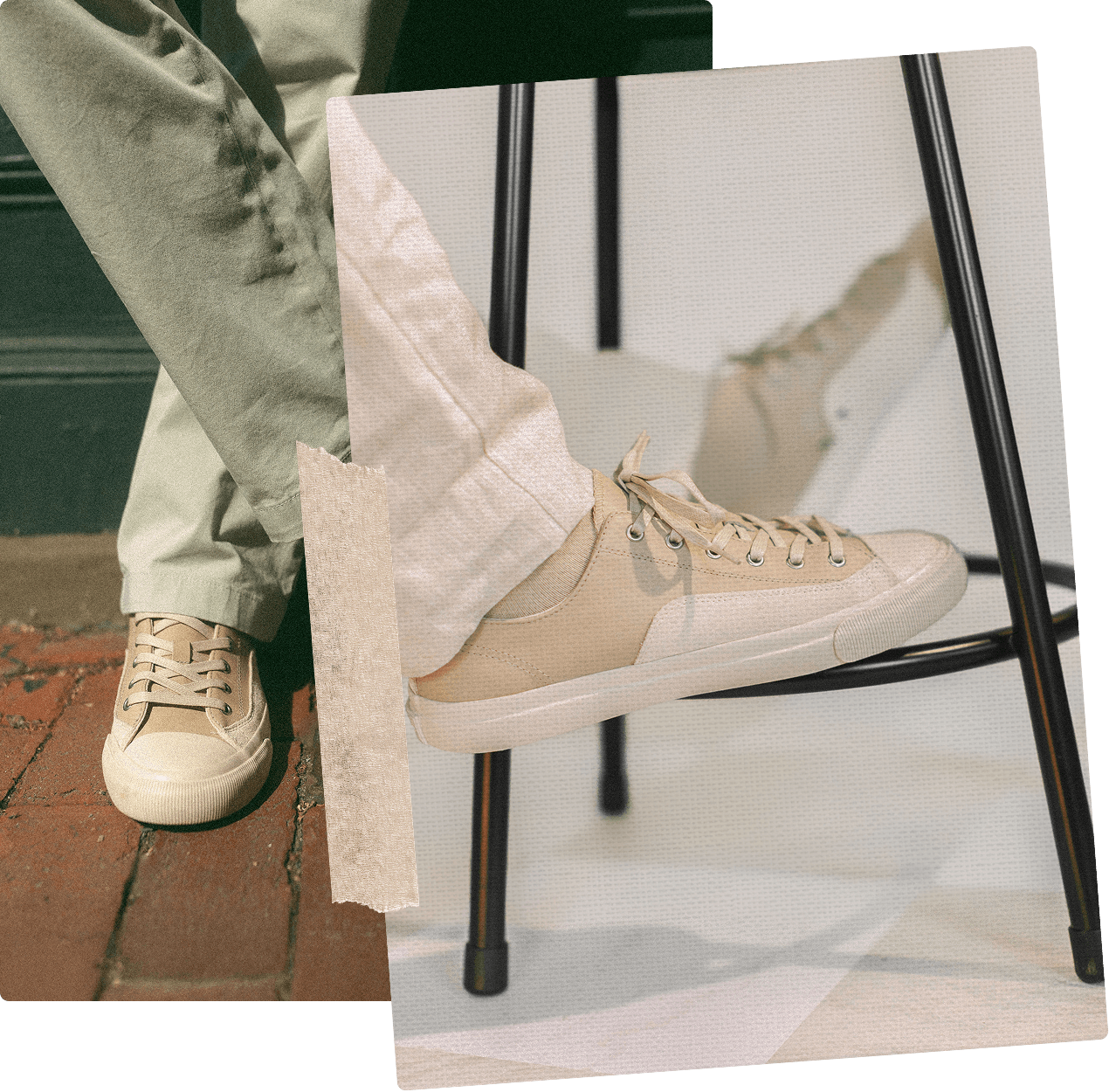 Beige sneakers worn with light-colored pants on a blurred background