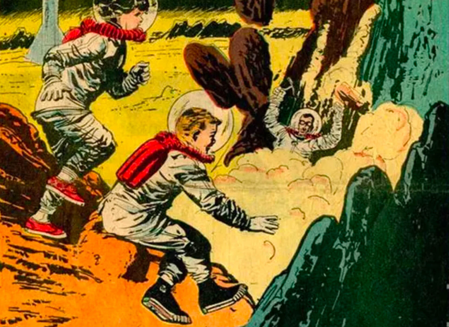 Illustration of children in space suits on a colorful, vintage-style background.
