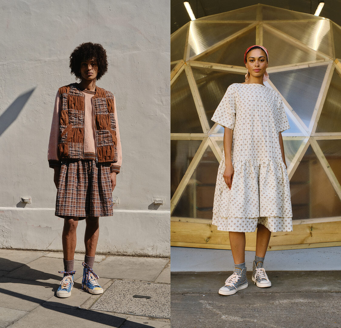 A split-screen photo showing two models wearing high-top woven sneakers.