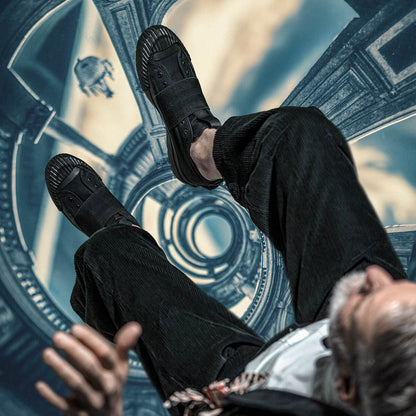 Person wearing black shoes and pants sitting with feet up on a decorative chair.