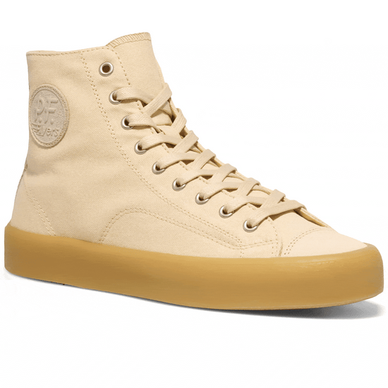 Beige high-top sneaker rotating gif showing different angles of the sneaker. alternate view
